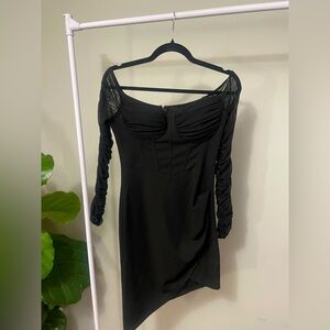 Off shoulder Black mesh long sleeve mini dress with asymmetrical hem size S